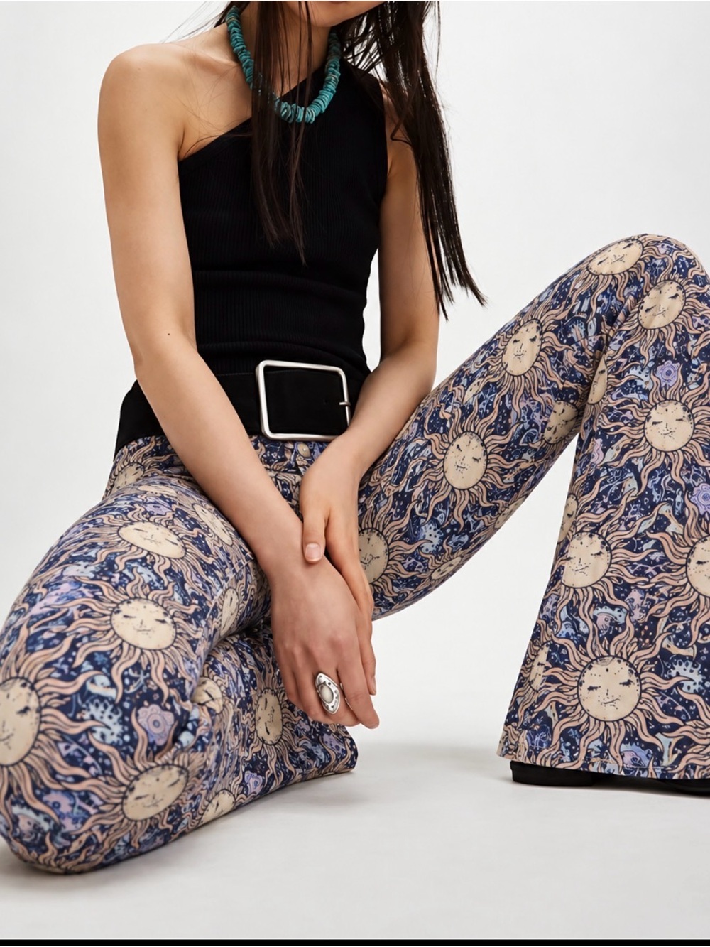 Vintage Machine Sun & Waves Printed Flare Jeans - Navy/Cream